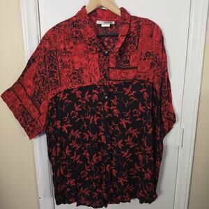 CM SHAPES Vintage Red Block Floral Plus 2X Boho Hippie Artsy Lagenlook Relaxed